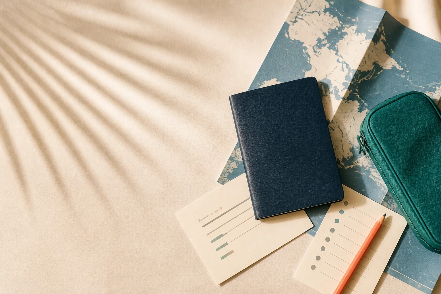 Travel notebook, folded map, checklist, pencil, and teal travel pouch arranged on a warm tabletop